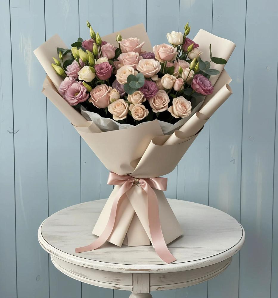 Букет цветов из: Розы и Лизиантусы в Индустрие