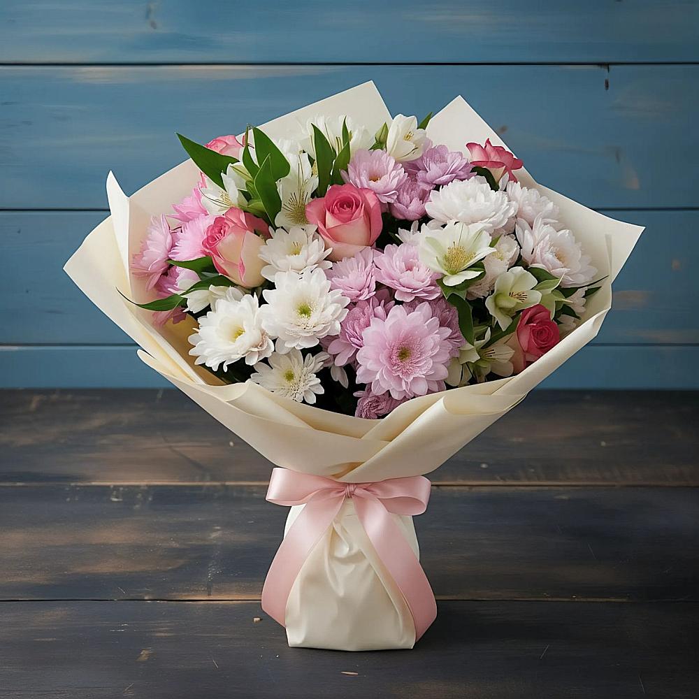 Букет цветов из: Хризантемы, Альстромерии и Розы в Индустрие